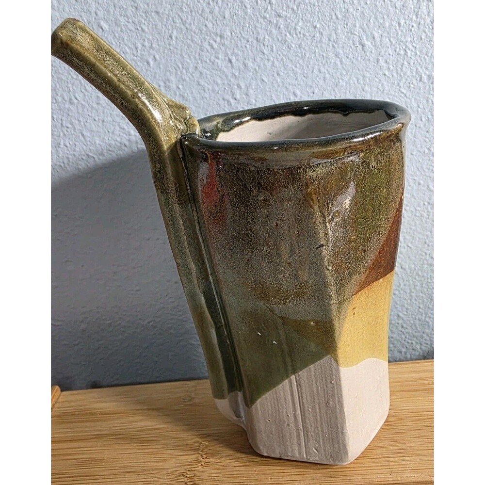Vtg Walt Schmidt Hickory Tree Studio Art Pottery Mug Built In Straw Hexagon Mug